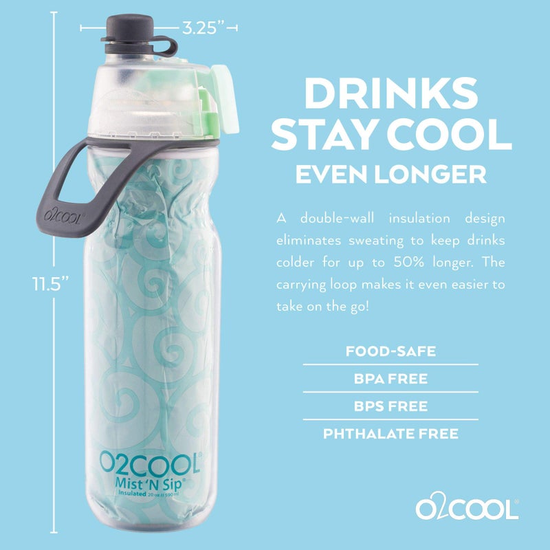 O2COOL Mist 'N Sip Misting Water Bottle 2-in-1 Mist And Sip Function With No Leak Pull Top Spout Reusable Sports Water Bottle - 20 oz (Yoga Mint) - Image 1